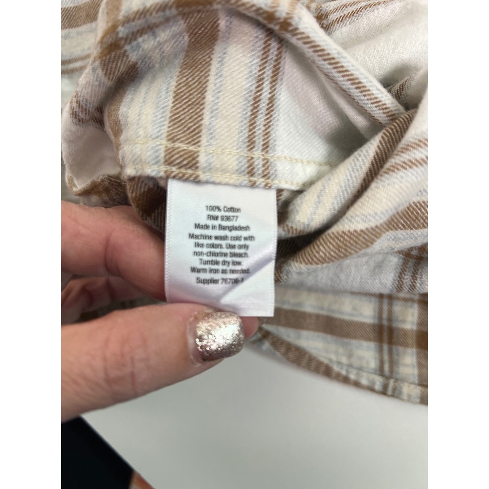 Mutual Weave Plaid Flannel Shirt White Brown Long Sleeve Button Up Size Small - Picture 7 of 9